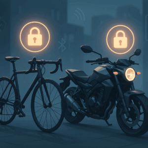 A conceptual illustration of auto-locking for bicycles and motorcycles. The image shows a sleek bicy